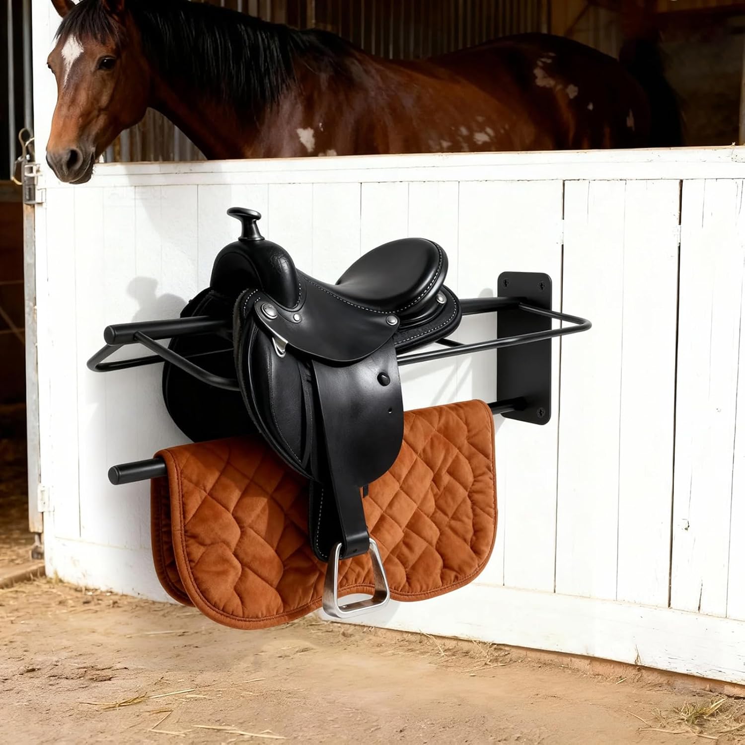 2 Pack Saddle Rack with Pad Bar, Heavy Duty Wall Mounted Saddle Holder for Western & English Saddles, Carbon Steel Rack for Horse Blankets & Tack