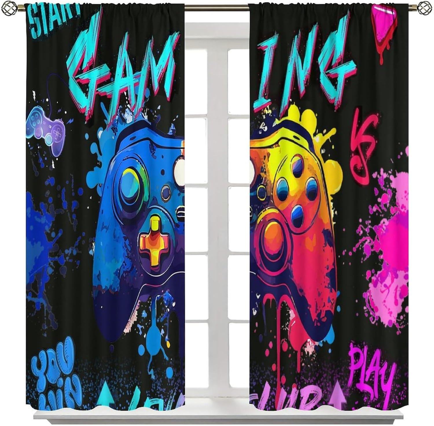 Gaming Curtains for Boys Girls Teens, Graffiti Gamepad Colorful Game Controller Cool Window Treatment for Bedroom Living Room Playroom Gamer Drapes 2 Panel Sets,42x63 Inch