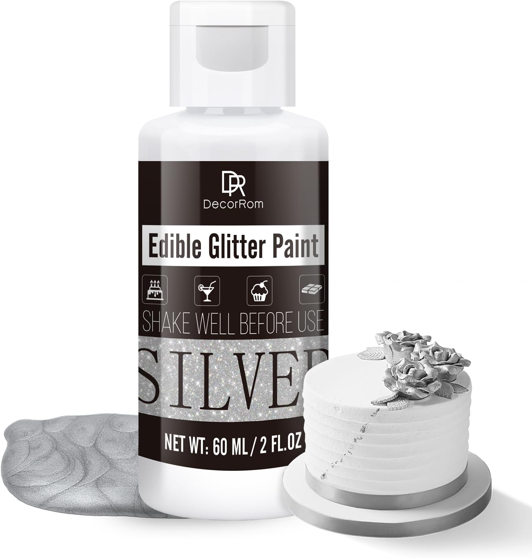Edible Glitter Paint - 2 fl.oz Metallic Edible Cake Paint for Cake Decorating, Baking, Cupcakes, Candy - Food Grade Shimmer Art Decorative Paint Liquid Luster Dust for DIY Cookie, Fondant (Silver)