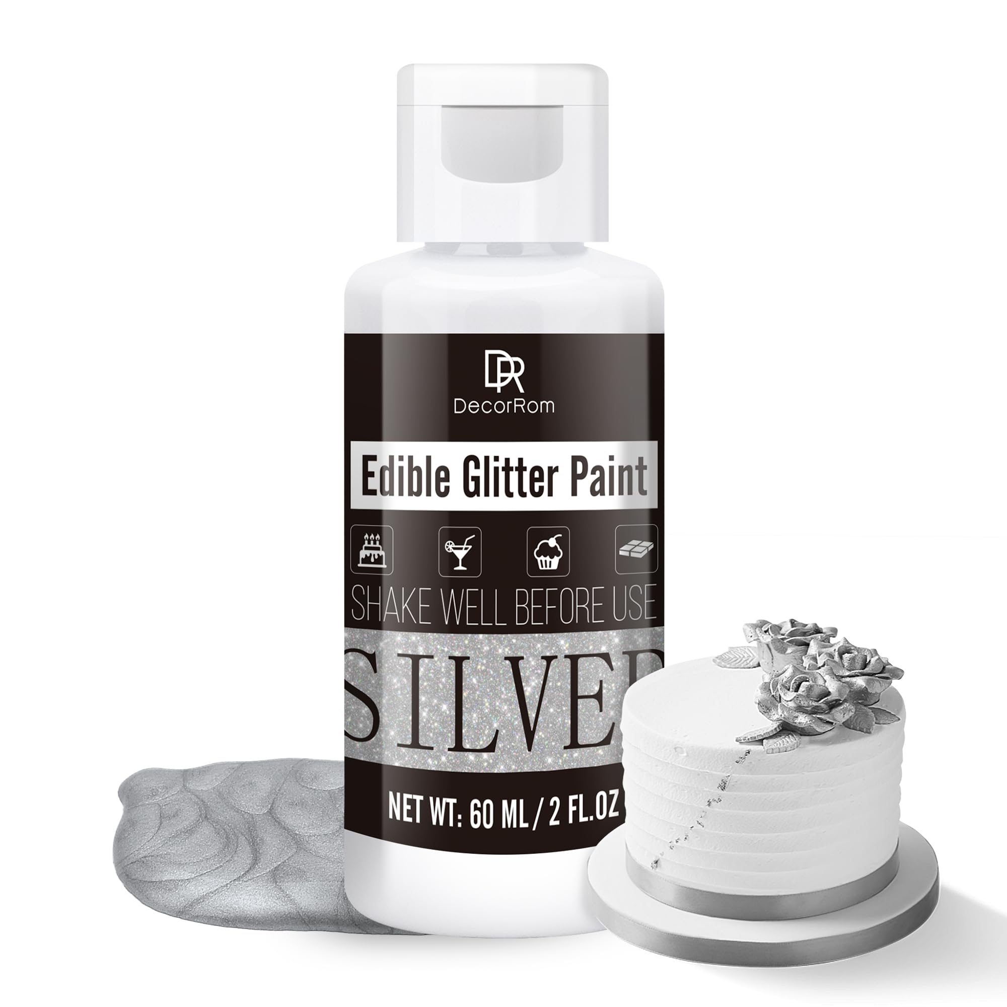 Edible Glitter Paint - 2 fl.oz Metallic Edible Cake Paint for Cake Decorating, Baking, Cupcakes, Candy - Food Grade Shimmer Art Decorative Paint Liquid Luster Dust for DIY Cookie, Fondant (Silver)