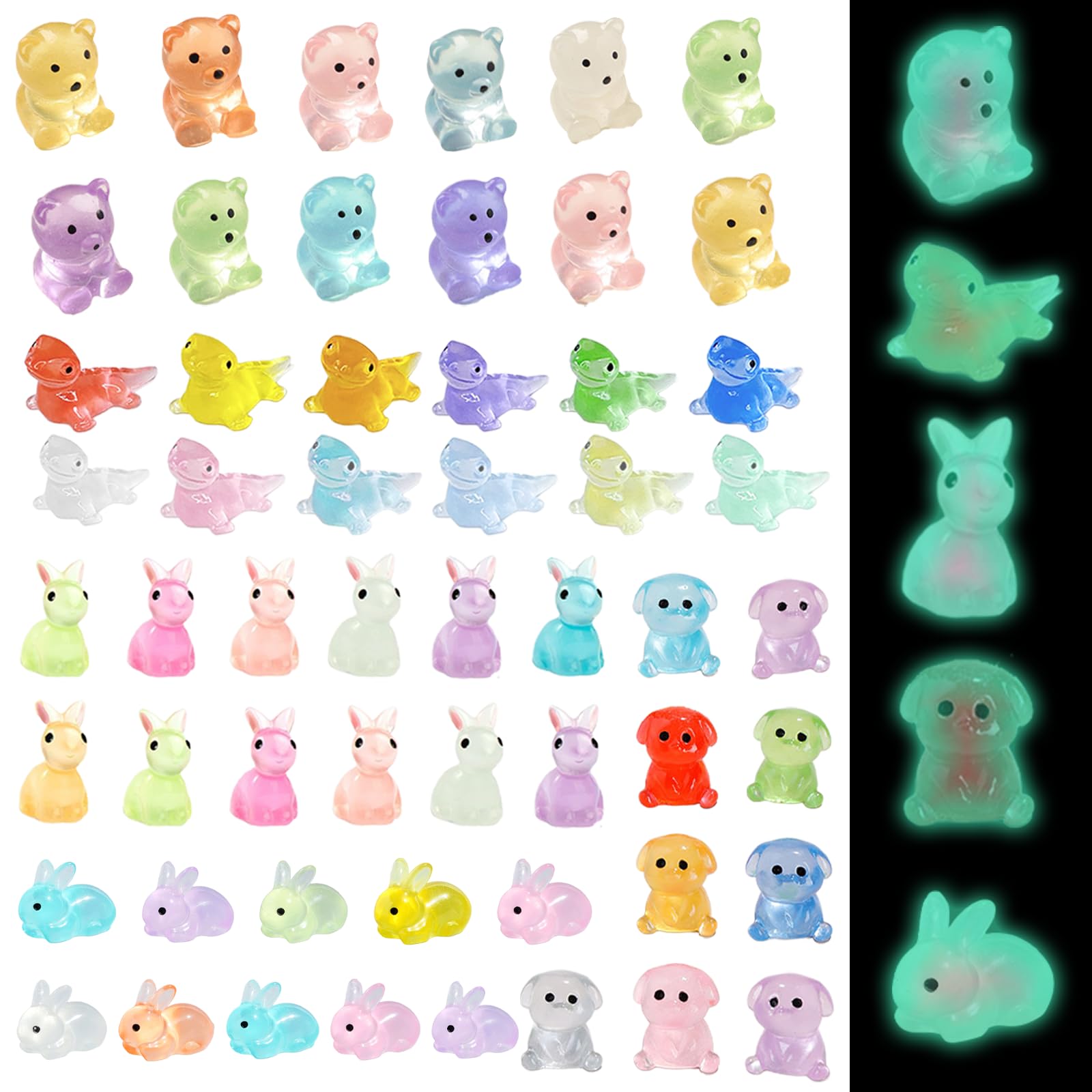 55 Pcs Easter Luminous Mini Resin Animals, Cute Tiny Easter Bunny Bears Puppies Lizards Glow in the Dark Resin Animals Micro Landscape Decorations for Easter Home Decor Fairy Garden Dollhouse