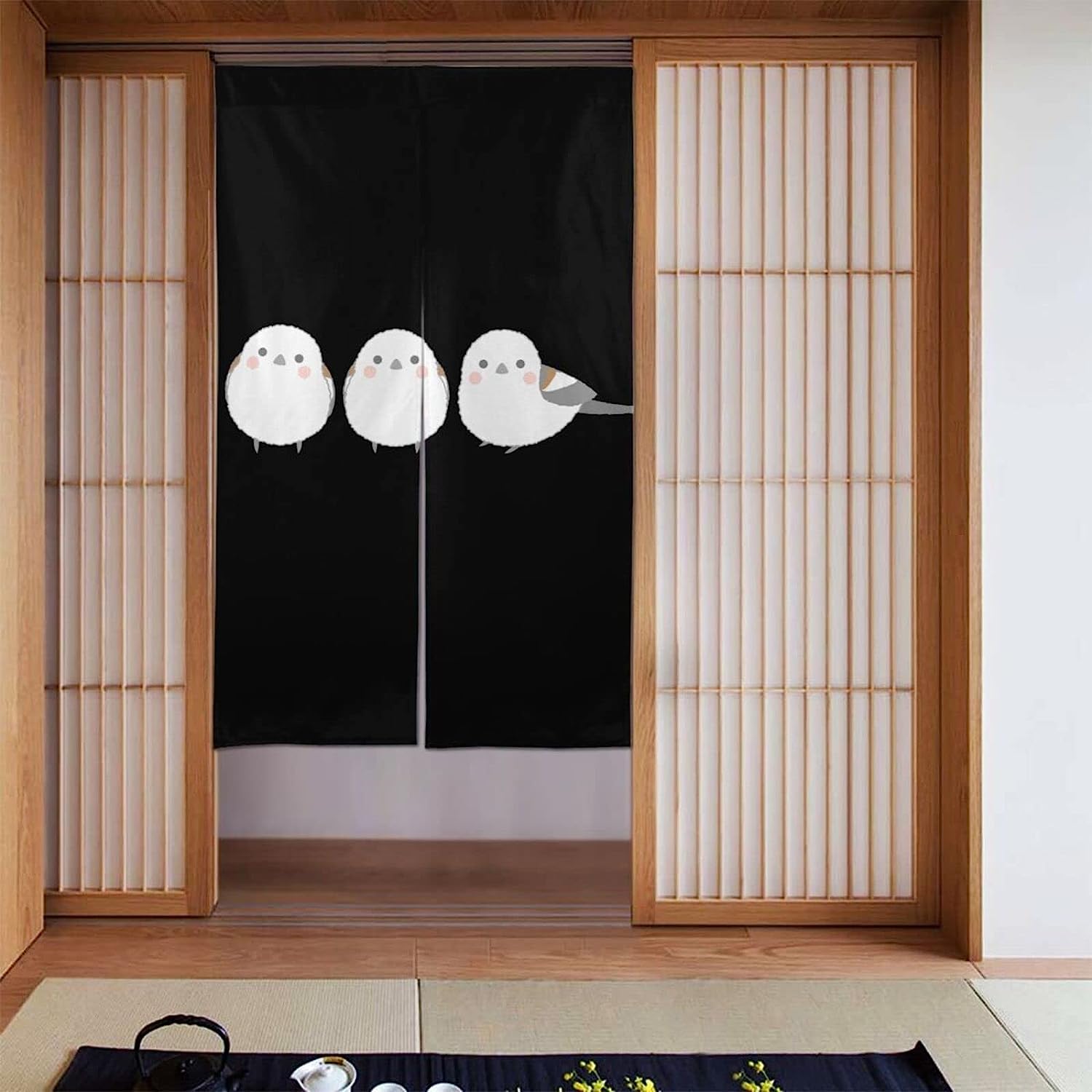 Amazon｜のれん 暖簾 おしゃれ シマエナガ かわいい 鳥 簡単 目隠し