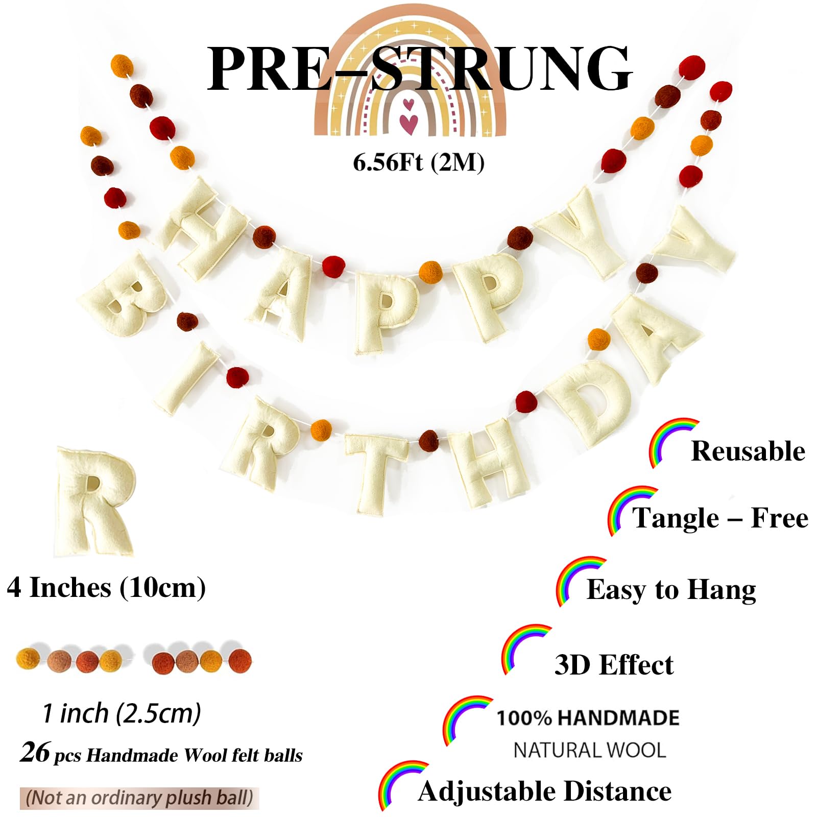 Boho Felt Happy Birthday Banner, Bohemian Birthday Party Decorations,Natural Handmade Wool Letters, Balls, Boho Happy Birthday Garland for kids Birthday Parties Window Door Mantels Decor Ready To Hang