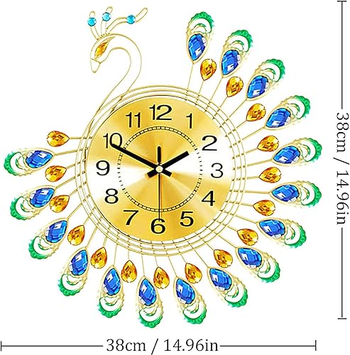 Miniatura 2 de RIAAJ Reloj de pared de arte silencioso, reloj de pared de cuarzo pavo real, elegante, número silencioso, único, moderno, dorado, diseño de reloj de