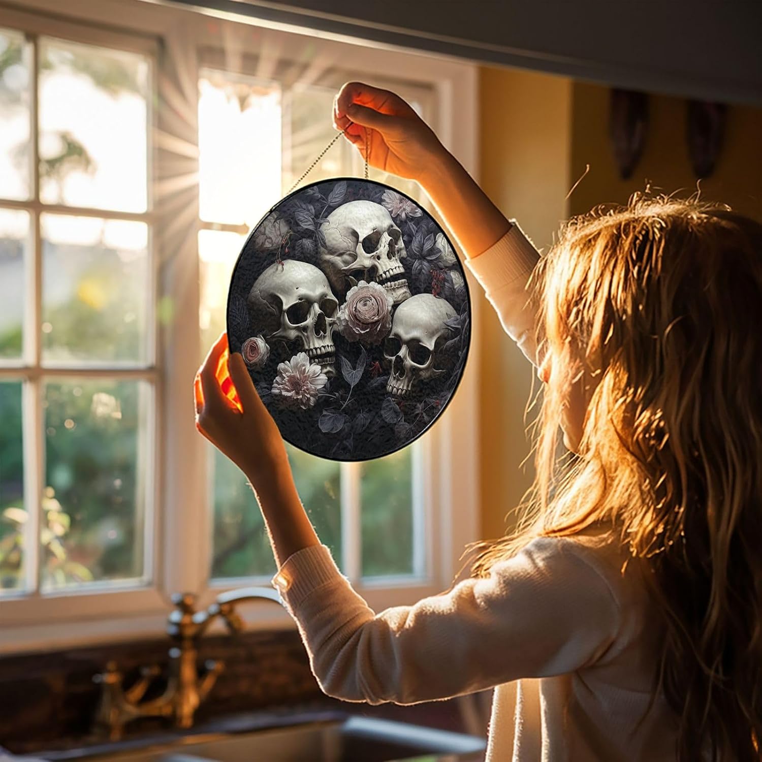 12in Stained Glass Window Hanging,Window Suncatcher Glass Panel with Metal Chain Black and White Flowers and Skull Sun Catchers Wall Art Home Decor Gift for Women Mother's Day