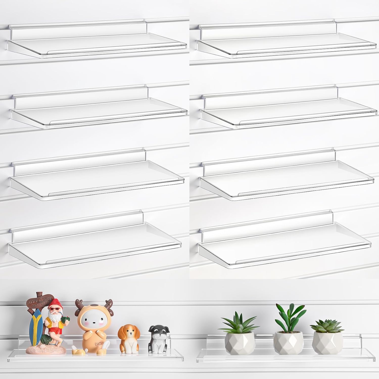 8 Pack Slatwall Shelves 14.5 x 5.9 in Plastic Clear Panel Shelve Wall Mount Hanging Slatwall Accessories Organize for Retail Display Garage Home Shoe Store Boutiques Supplies