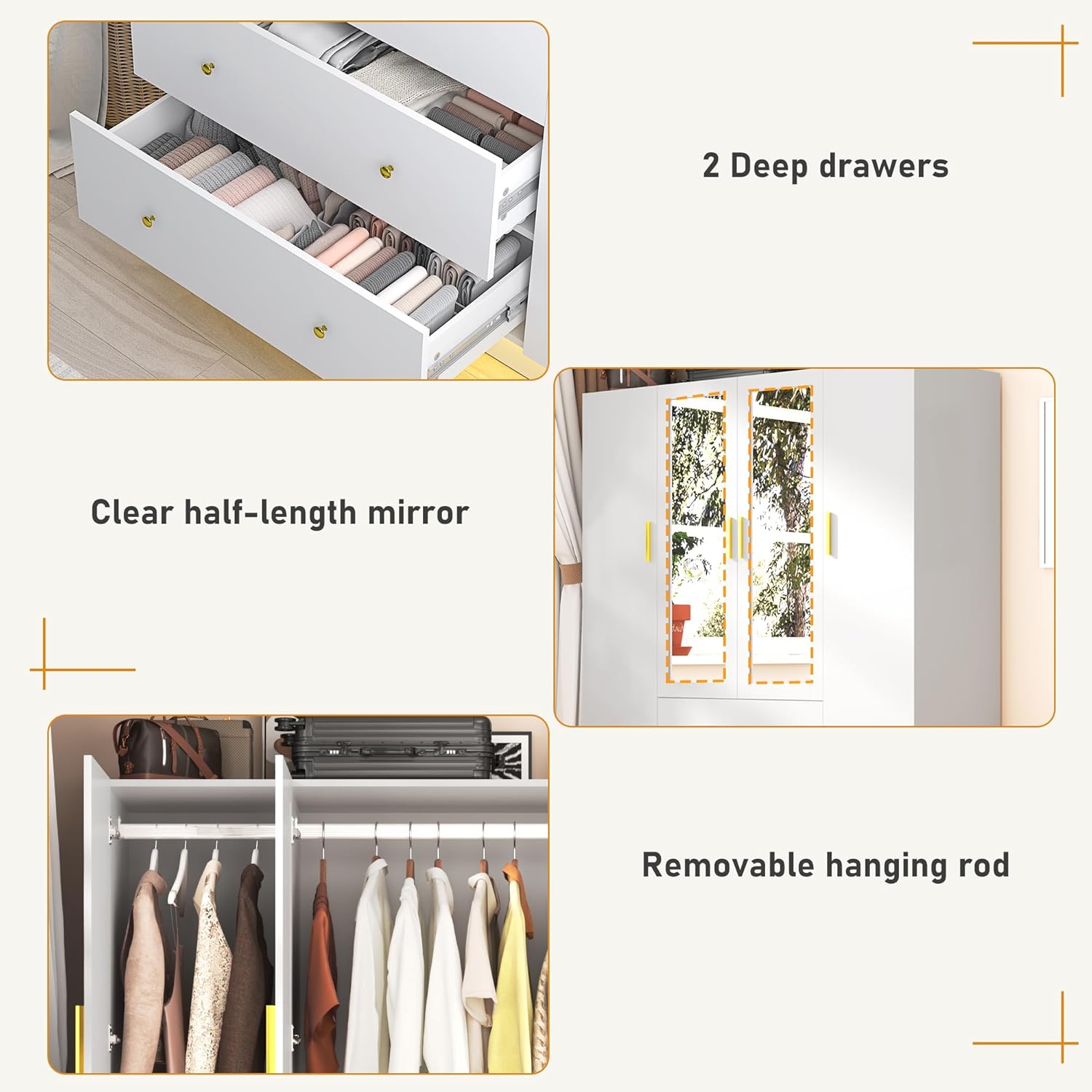 Close-up images detailing the deep drawers, the clear half-length mirror, and the removable hanging rod within the armoire.