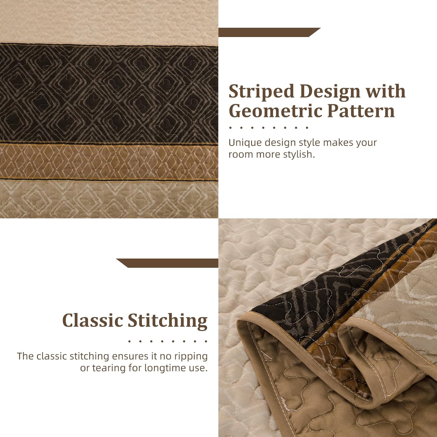 Boho Queen Quilt Set,Striped Plaid Bedspread Coverlet Set,Light Brown Bedding Set Soft Microfiber Bedding Set with 2 Pillow Shams 96"x90" - Image 4