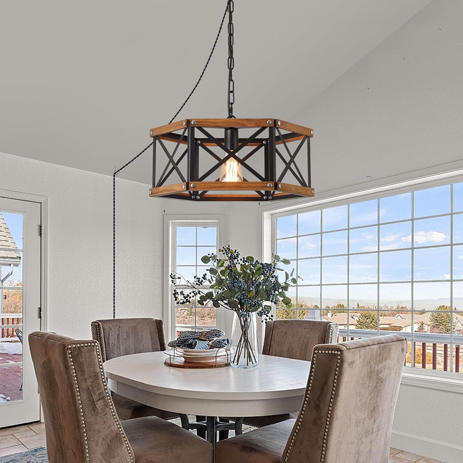 Rustic Farmhouse Large Plug in Pendant Light Fixture with Adjustable Chain, Dimmable Switch, 17.8 inch Industrial Oak Wood and Metal Cage Hanging Lamp for Dining Room Kitchen Farmhouse Entry, Black