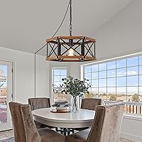 Vista 3 de Rustic Farmhouse Large Plug in Pendant Light Fixture with Adjustable Chain, Dimmable Switch, 17.8 inch Industrial Oak Wood and Metal Cage Hanging