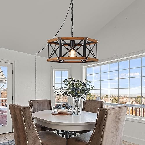 Miniatura 3 de Rustic Farmhouse Large Plug in Pendant Light Fixture with Adjustable Chain, Dimmable Switch, 17.8 inch Industrial Oak Wood and Metal Cage Hanging