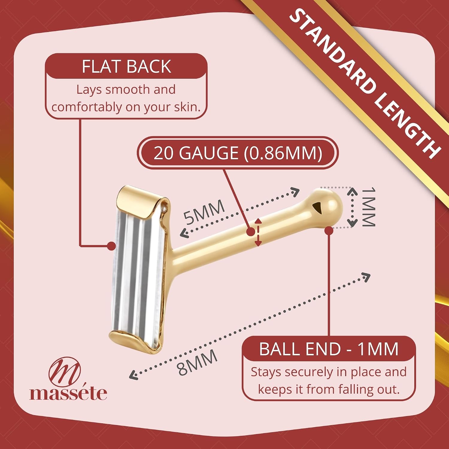 Massete 18k 14k Gold Nose Ring - 20g Nose Stud, Hypoallergenic Threadless Piercings for Women Men, Yellow White Rose Real Gold Standard or Long Nose Rings Studs, CZ or Ball Nose Piercing Jewelry