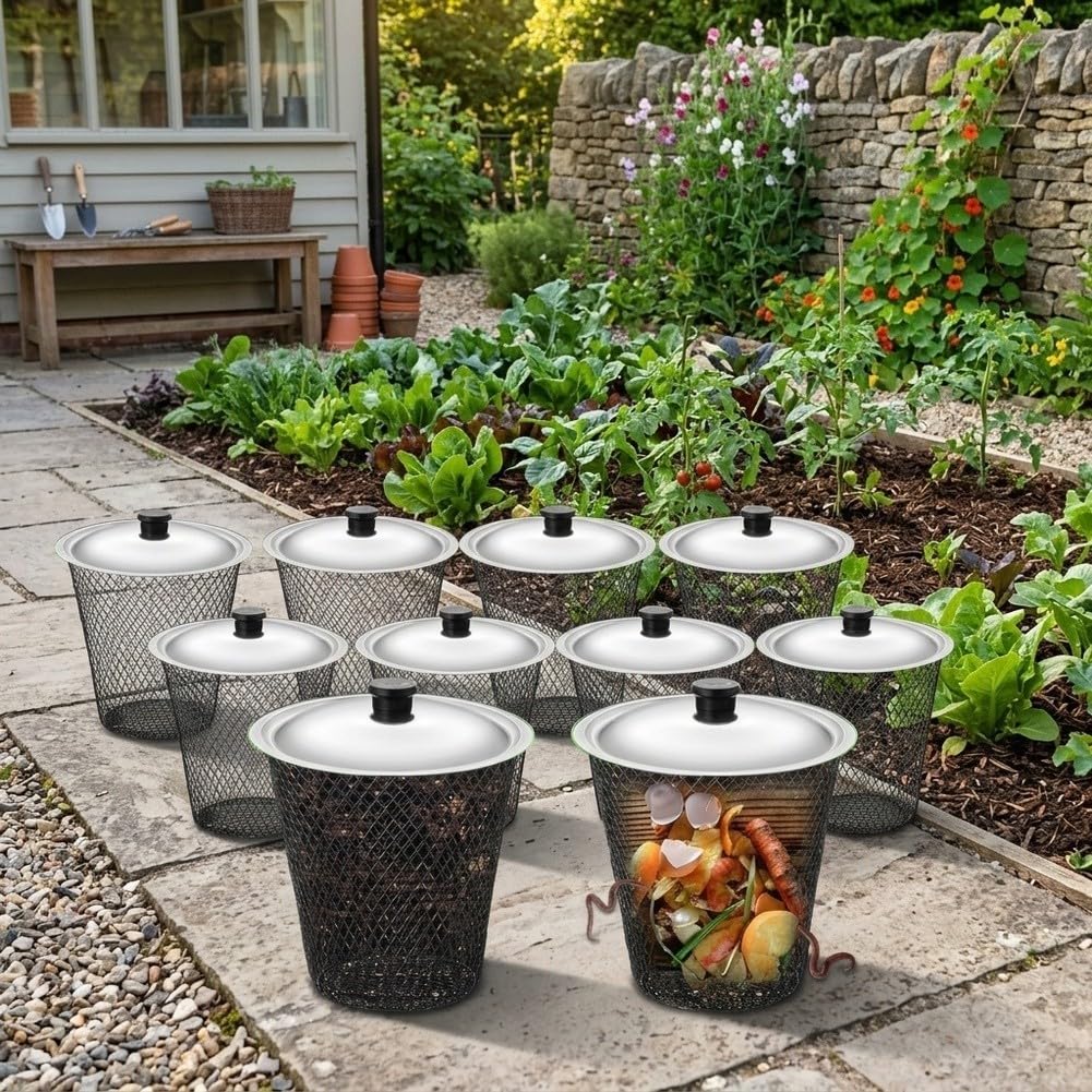 Inground Worm Composter with Lids for Garden Beds, Metal Farm Compost Bin for Recycling Food Waste, Outdoor Aeration Design for Efficient Composting(4 Sets)