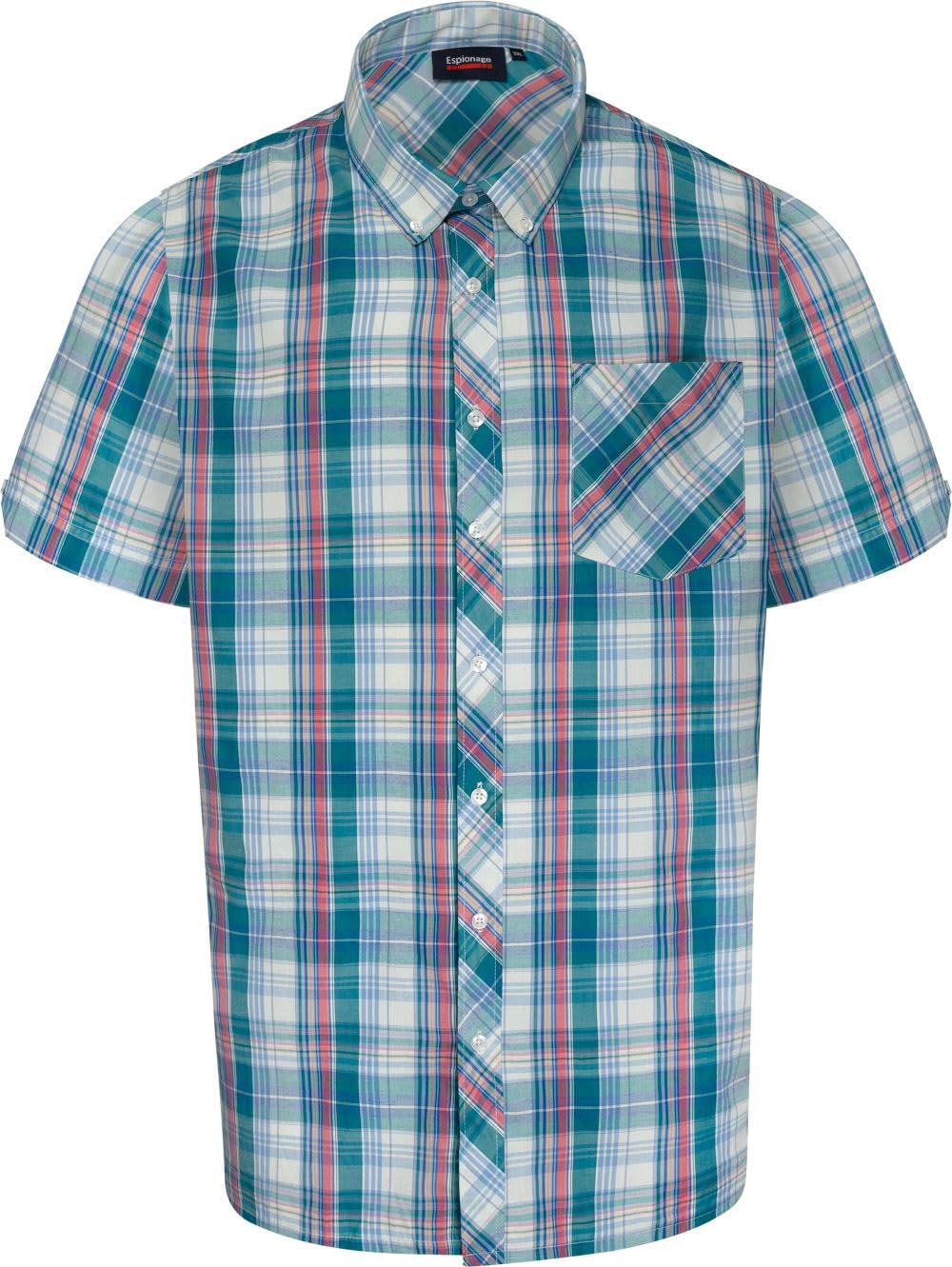 Espionage Short Sleeve Check Shirt for Men in Green/Pink/White 7XL
