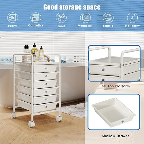 Miniatura 2 de Carrito utilitario de 6 niveles con 6 cajones, carrito utilitario rodante con 2 ruedas giratorias con cerradura, carrito móvil multiusos para