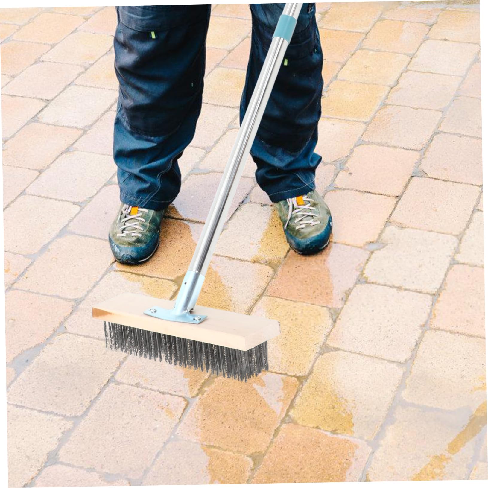 POPETPOP Cepillo de Limpieza para Patio y Hormigón con Cerdas Rígidas, Mango de 138cm y Cabezal de 20cm, Acero Inoxidable, para Suelos Duros