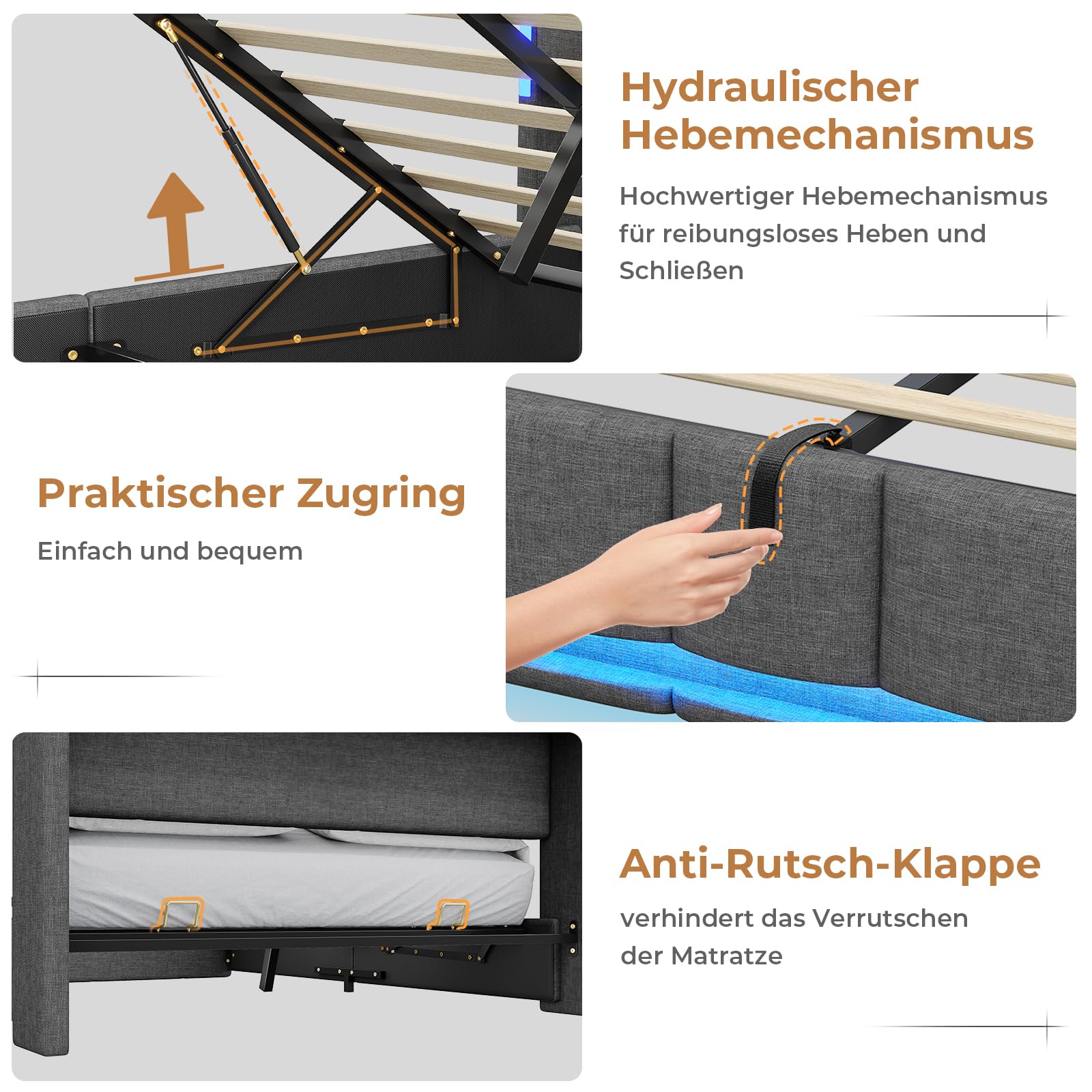 AOGLLATI Polsterbett 140×200 mit Steckdosen & LED Beleuchtung, Doppelbett 140x200 mit Stauraum Kopfteil & Hydraulischem Stauraum, Bettgestell mit Lattenrost,Jugendbett, Linen, Ohne Matratze,Dunkelgrau