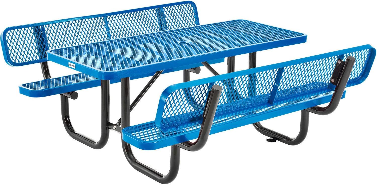 Global Industrial 6'L Rectangular Picnic Table with Backrests, Expanded Metal, Thermoplastic Coating, 1-1/2" Umbrella Hole, Outdoor-Rated, 1000 lbs Capacity, Red