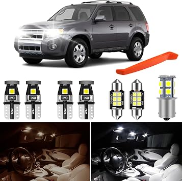 6000K Bright White Interior LED Bulbs Kit Package Replacement for Ford Escape 2008 2009 2010 2011 2012 Interior Map Dome Trunk Lamp and License Plate Lights + Free Install Tool