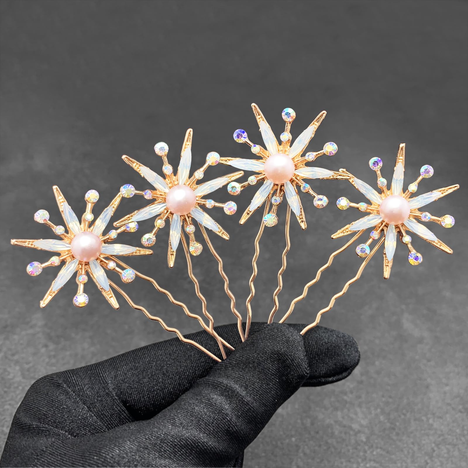 Pink Pearl Snowflake Star Gold Hair Pins Accessories for Wedding, Pack of 4