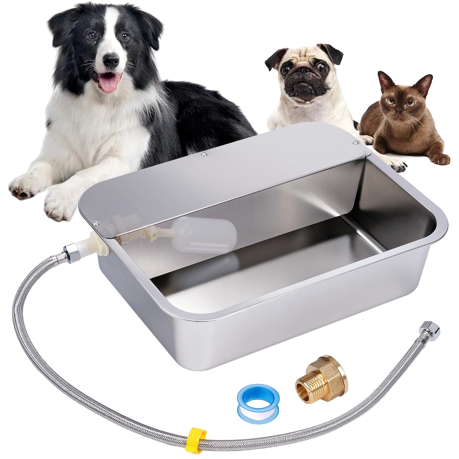 Dispensador Automático de Agua para Perros de 11L con Válvula Flotante, Bebedero para canino al Aire Libre para Dos Chucho, Cuenco de Agua para Perros de Gravedad de Acero Inoxidable (Autocompletar)