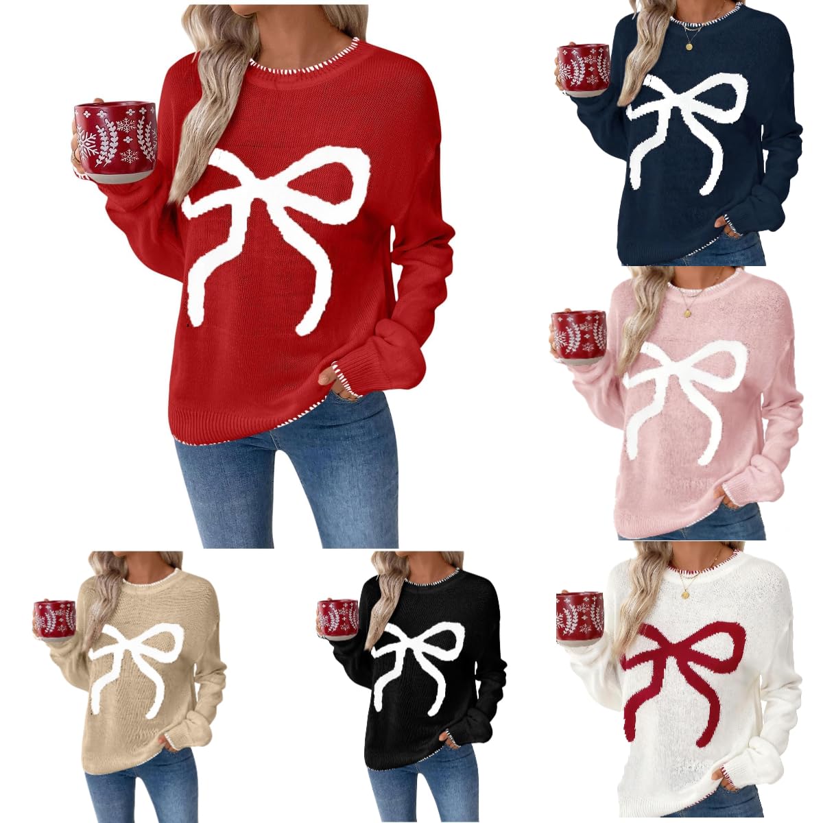 Christmas Sweaters for Women Holiday Ugly Funny Bow Printed Xmas Sweater Winter Cute Crewneck Long Sleeve Party Outfit