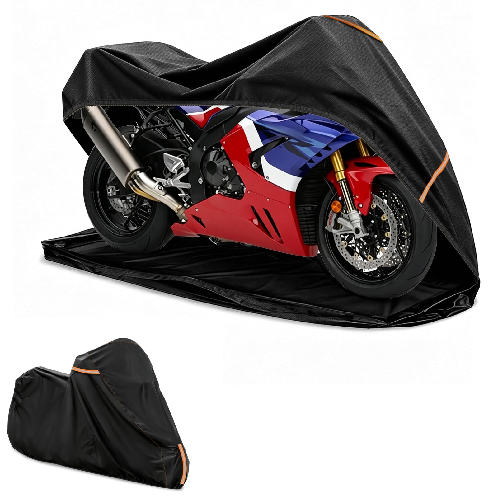 Photo 1 of Full Enclosed Motorcycle Cover Waterproof,Heavy Duty 600D Oxford Outdoor Indoor Motorcycle Full Cover with All-Round Enclosed Zipper and Reflective Strips,Fits Most Heavy Duty Scooter Moped Motorcycle