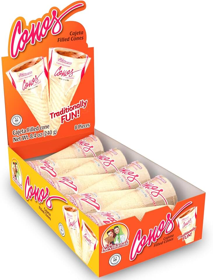 Las Sevillanas Cajeta Filled Wafer Cones – Traditional Mexican Candy, Sweet Dessert Treats - Dulce de Leche-Caramel Sauce | Crispy Waffle - Perfect for Snacks, Desserts, and Parties - 8.4 Oz/240 g (Pack of 1)