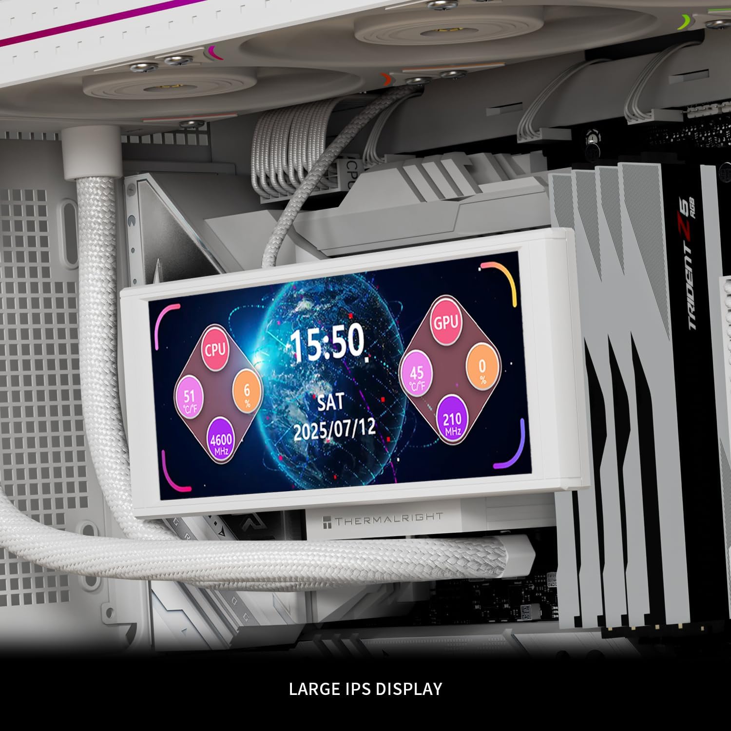 Thermalright Trofeo Vision LCD White Edition Case Sub-Display Features a 6.86-inch Full-Color LCD Screen (1280x480 Resolution) with Magnetic Panel Design. Supports DIY Dynamic/Static Images (White).