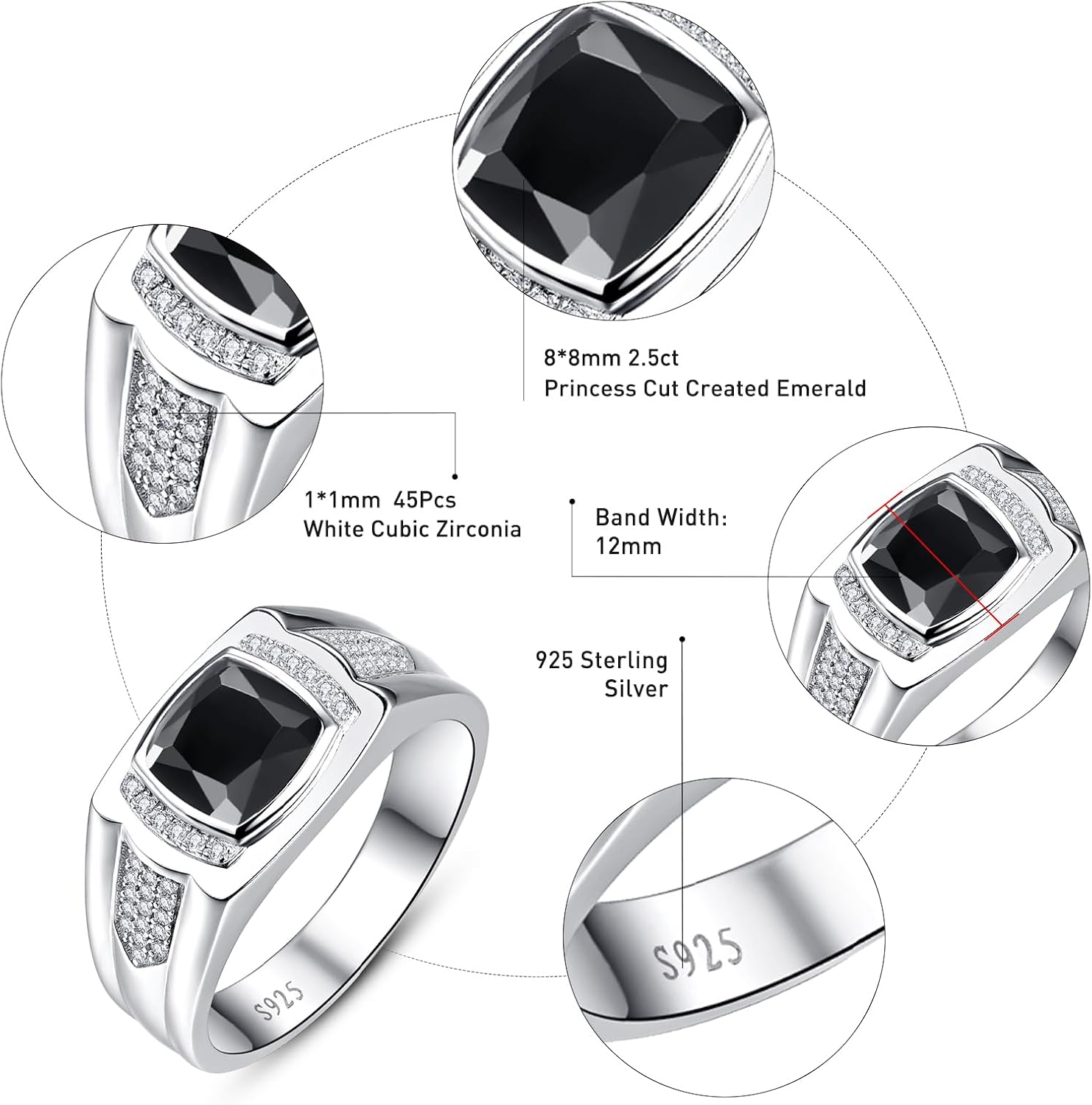 8 * 8mm 2.85CT 925 Sterling Silver Mens Gemstone Ring Princess Cut Created Black Onyx|Sapphire|Emerald|Ruby Mens Wedding Band Engagement Ring Pave CZ W/AAA Size 6-13 - Image 3