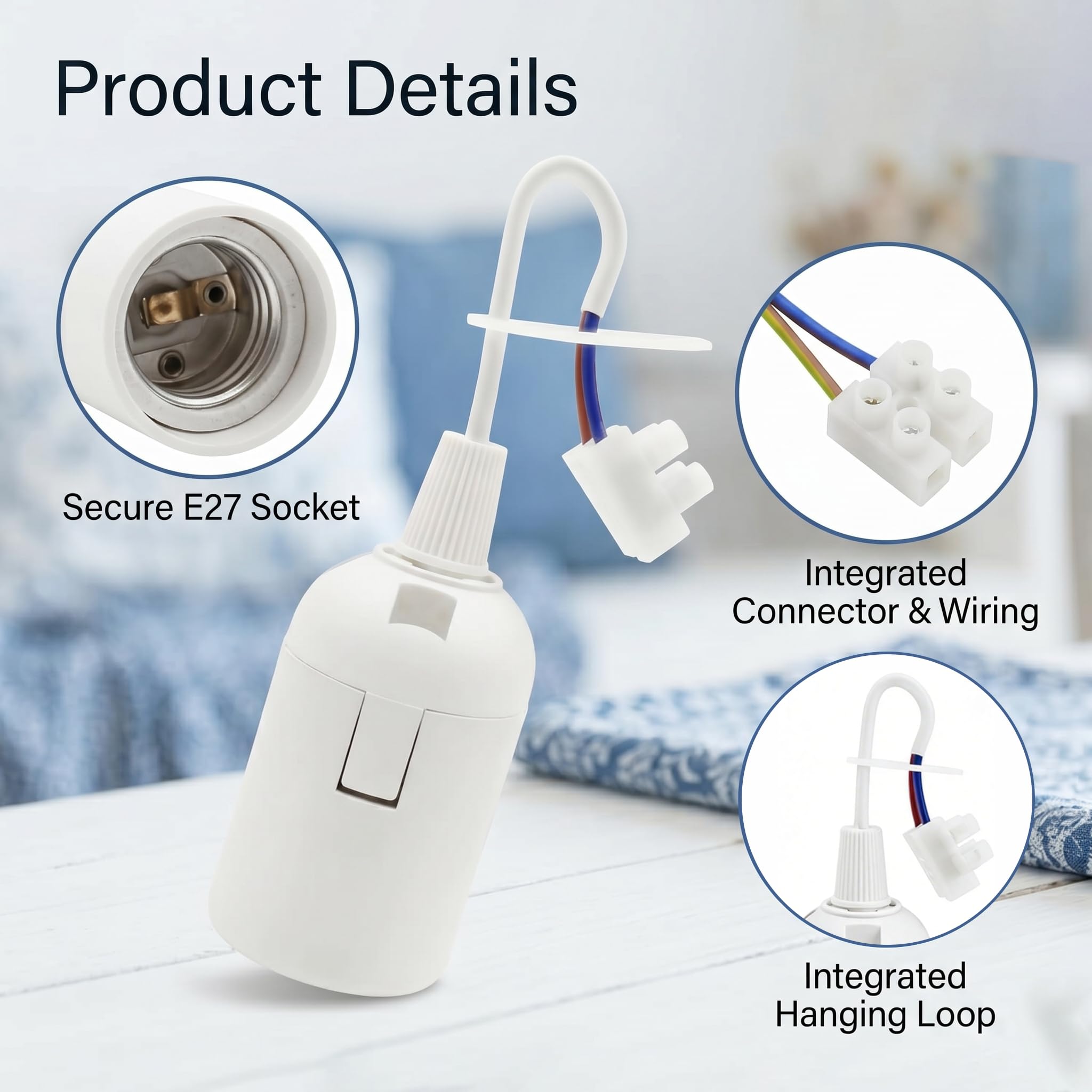5 Stück E27-Fassungen, E27-Lampenfassung mit Kabel und Sockelklemme für Halogenlampen und Energiesparlampe, Lampenfassung mit Spannungsprüfkabel, Lampensockel für die Installation