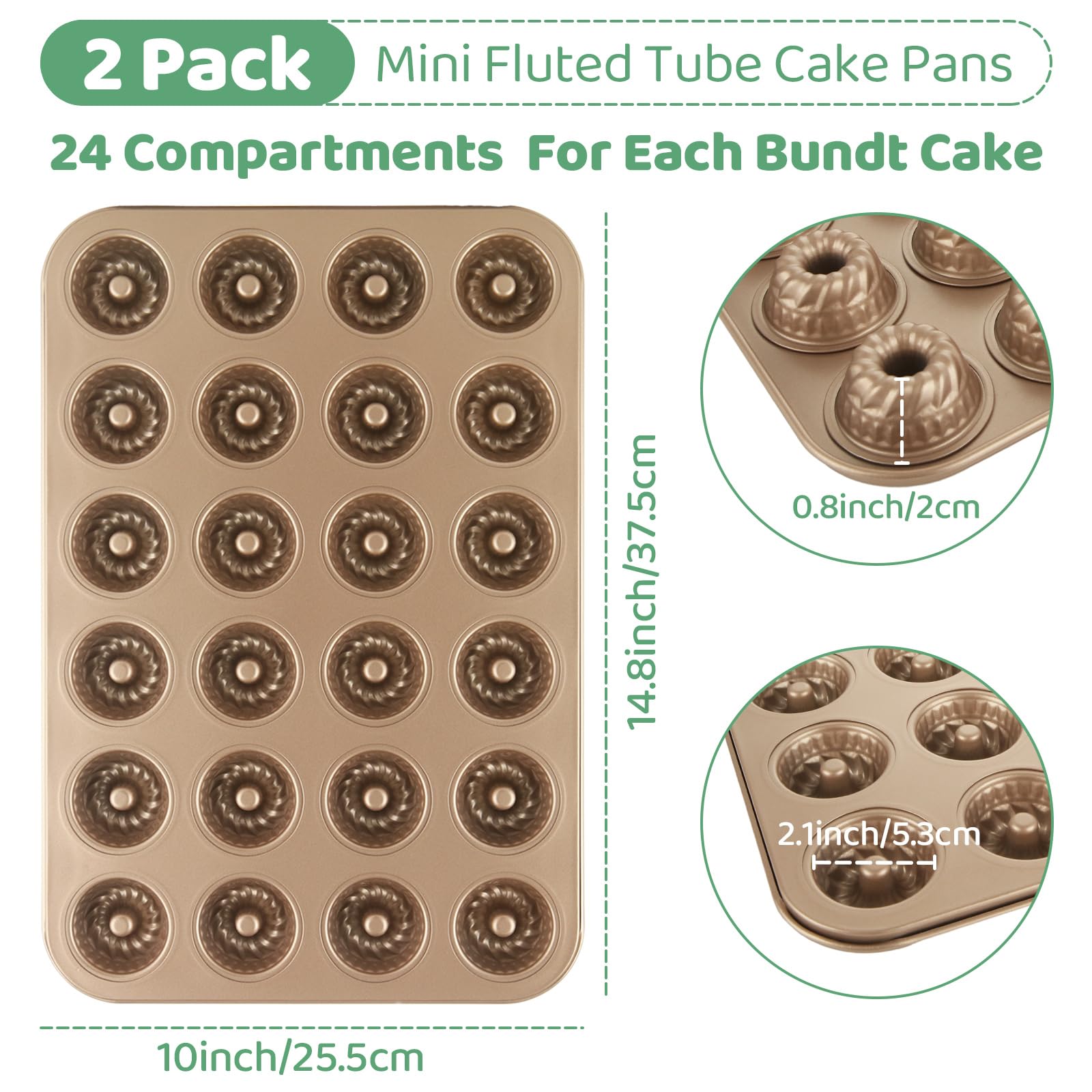 Paquete de 2 mini moldes para tartas para hornear, mini moldes de tubo estriado de 24 cavidades, molde antiadherente de acero al carbono para hornear 2