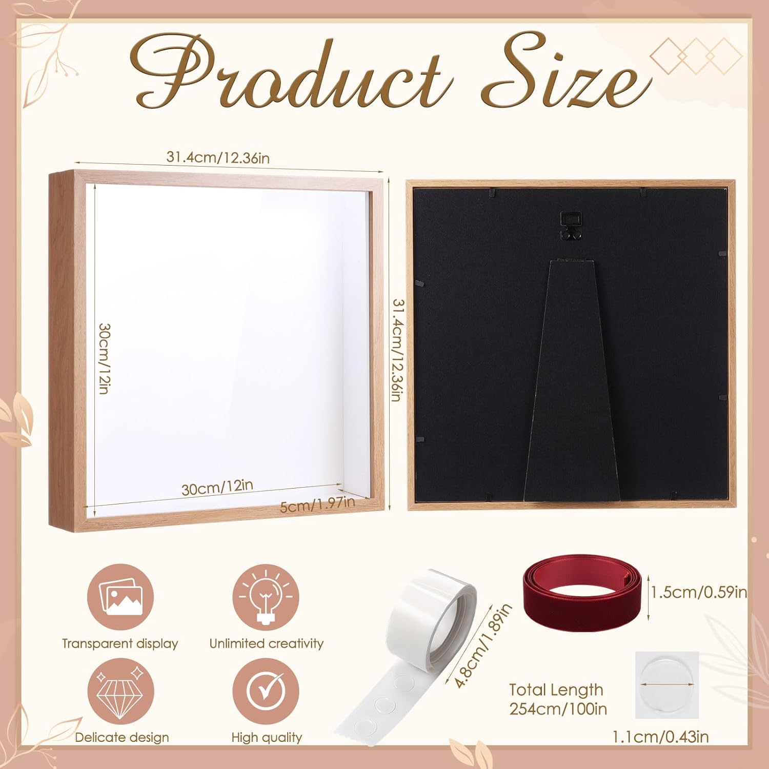 12"x12" Wedding Shadow Box Frame Flower Display Case Kit, DIY Wood Color Picture Gift Box with Lid Deep Glass Case Red Velvet Ribbon for Gift Wrapping Craft Bouquet Flower Keepsake Memory