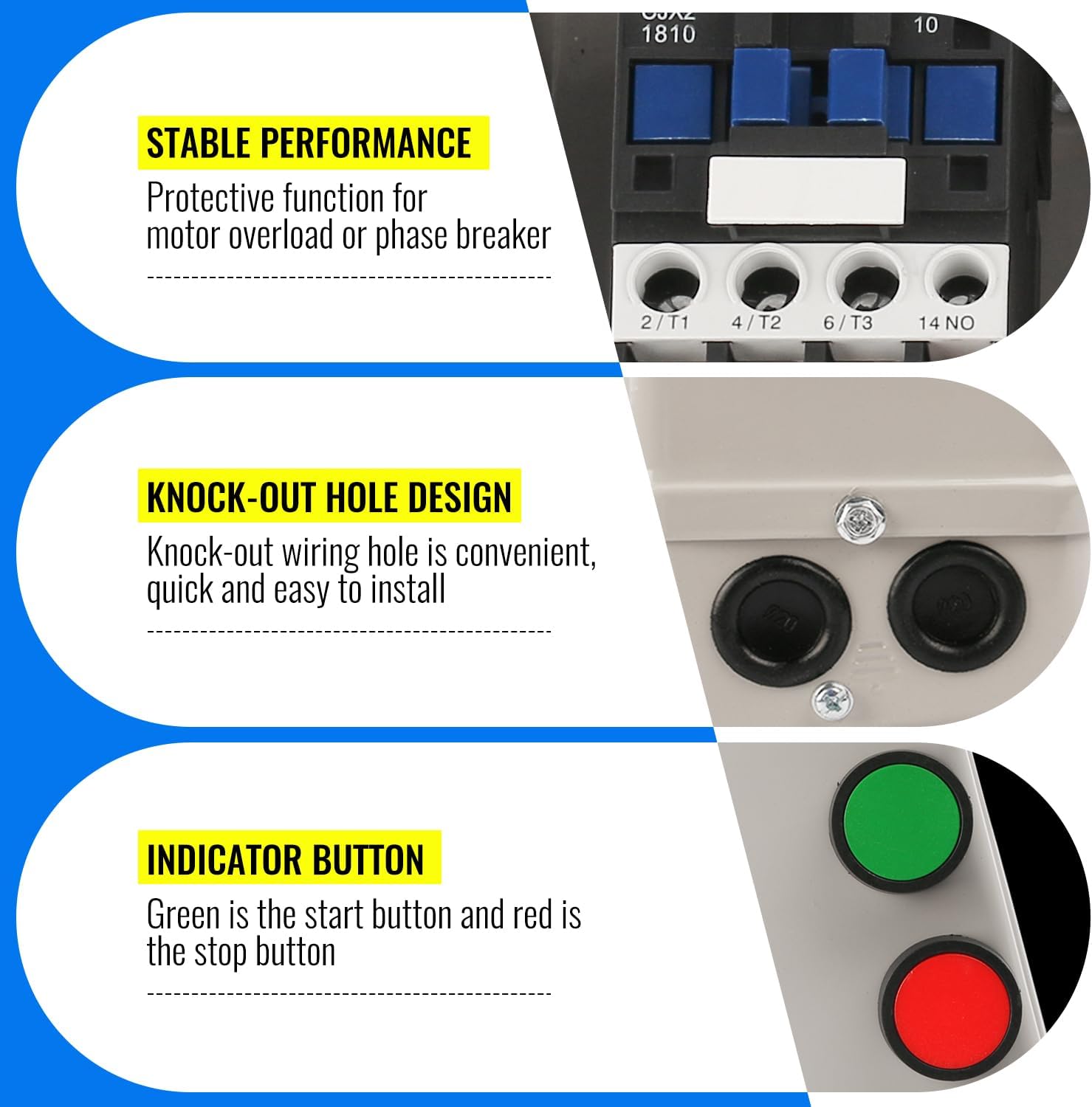 Internal view of the Magnetic Electric Motor Starter showing stable performance components, knock-out wiring holes, and indicator buttons.