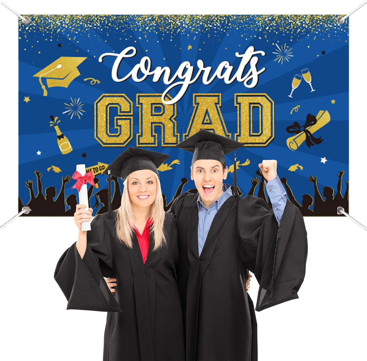 Blue Gold Graduation Banner Backdrop Class of 2026 Graduation Party Decorations Supplies Congrats Grad Fabric Backdrop Background for High School College University Indoor Outdoor 71 x 43 in