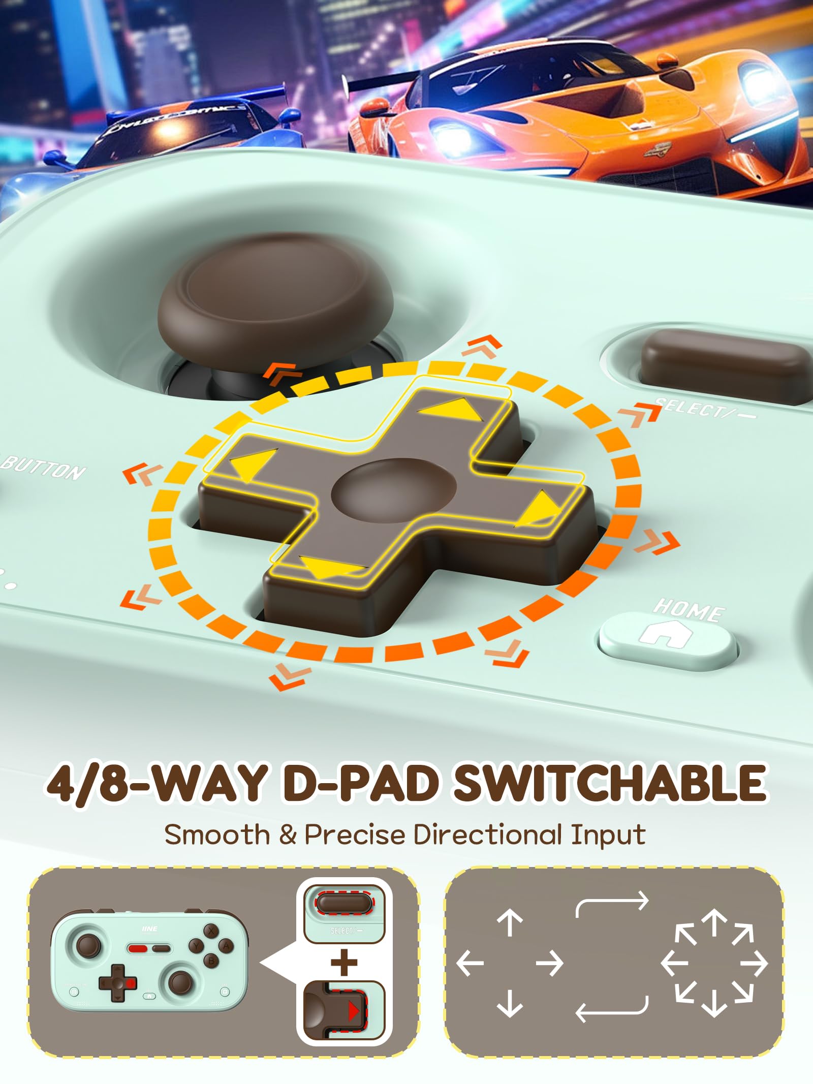 IINE Retro Pocket Game Controller with Hall Effect Joysticks, Switch 1 & 2 Compatible, Wireless Gamepad for Steam Deck, PC, Android, iOS, Customizable D-Pad, Vibration & Motion Control (Mint Choco)