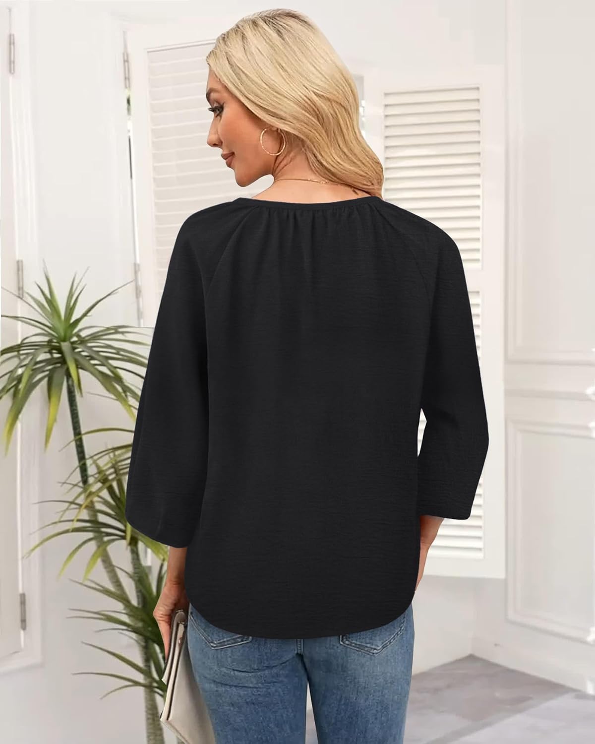 Womens Blouses Dressy Casual V Neck 3/4 Sleeve Tops Fashion Boho Chiffon Button Down Shirts - Image 3