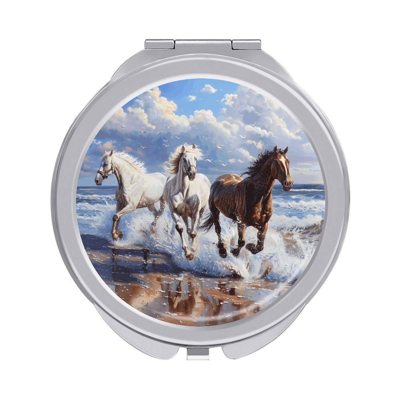 JTREHY Horses on The Beach Makeup Mirror Portable Folding Mirror Compact Travel Mirrors 2-Sided Round Pocket Mirrors Cute Handheld Beauty Mirror for Handbag Purse for Women Gift