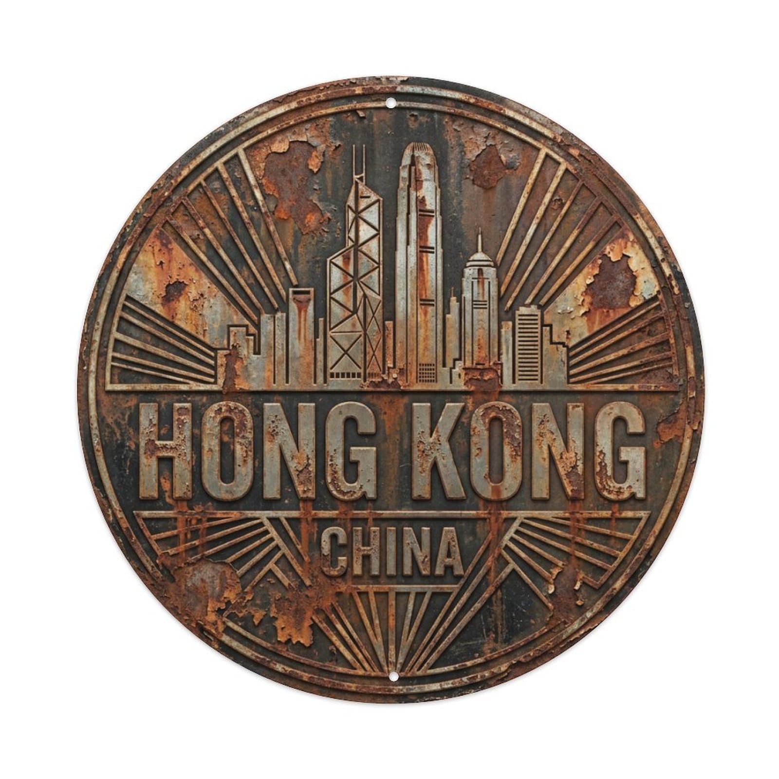 Vintage Travel Hong Kong China Skyline Metal Tin Sign