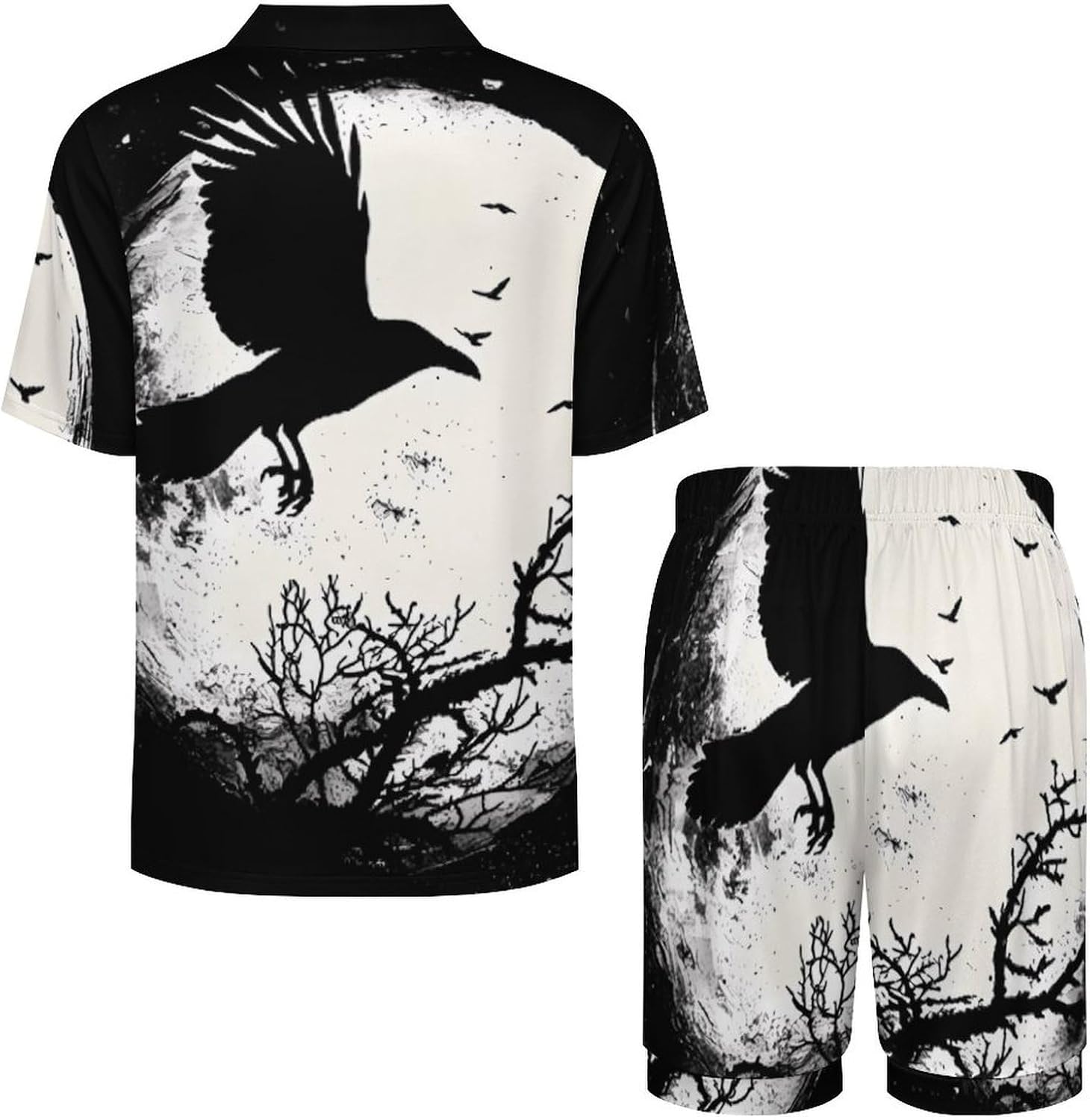 Black Raven Crow Bird Under The Moon Men's Short Sleeve Pajama Set Satin Silk Like Lounge Sleepwear