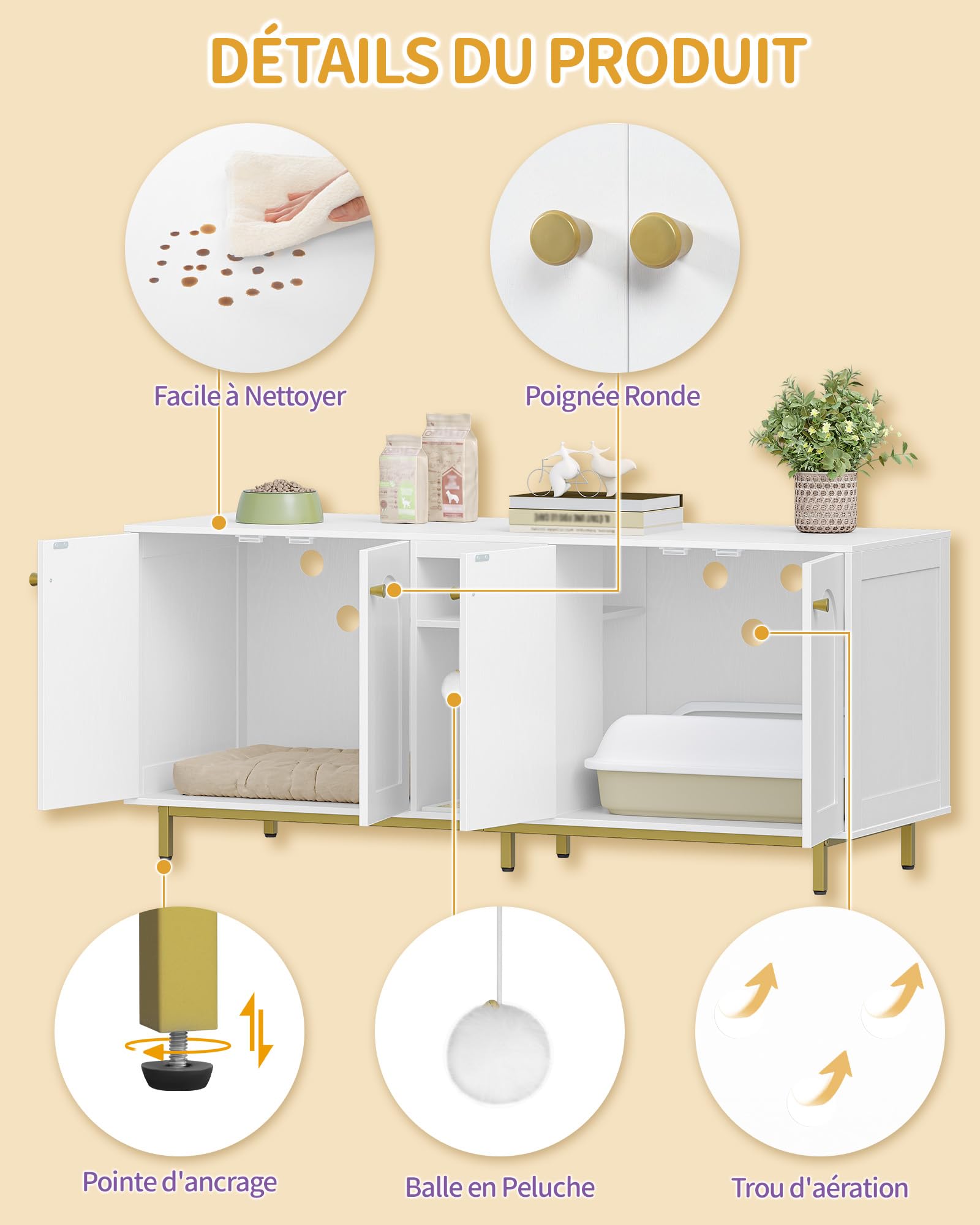 Hzuaneri Meuble Litiere pour 2 Chats, 140cm Meuble Litiere Chat, Blanc Or | Maison Cachée pour Chat avec Chambres Doubles, Espace de Rangement, Balle en Peluche, 140 x 48 x 62 CM, Blanc et Or CB86513A