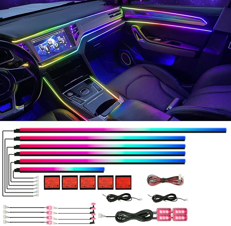 HMYC 18 az 1-ben RGB LED Autó Belső Világítás - 128 Színű Akril Száloptikás Csíkok, Zene Szinkronizációval, Applikáció Vezérléssel, Univerzá
