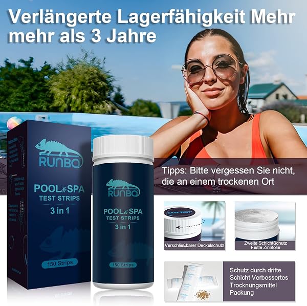RUNBO 3-in-1 Pool-Teststreifen für Spa, 150 Stäbchen, Teststreifen, Wassertest-Set, genauer chemischer Tester für freies Chlor, Brom, Alkalinität, pH - 5