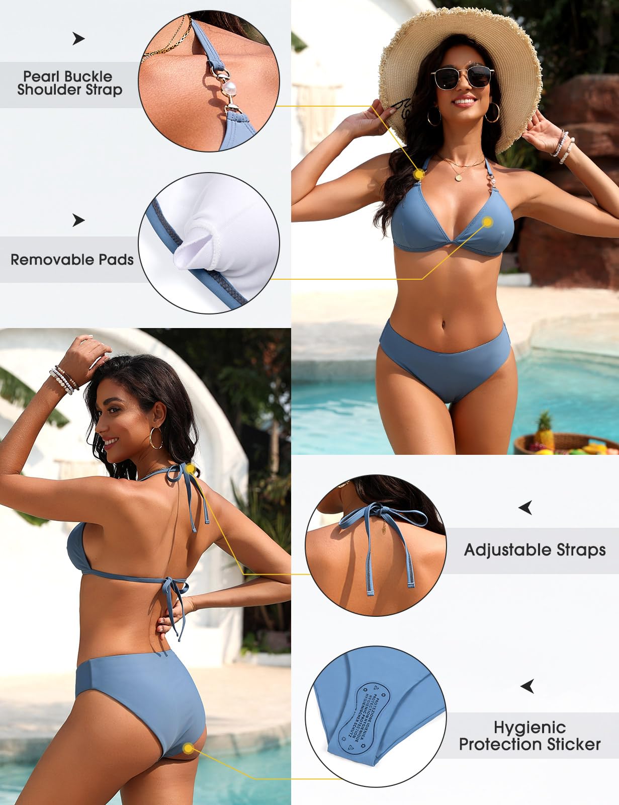 Bikini Mujer Tanga Traje De Baño para Mujer Cuello en V Push Up Triángulo Bikini Top Conjunto de Bikinis Tanga Bañador Sexy Swimwear Vikini con Pearl Strings