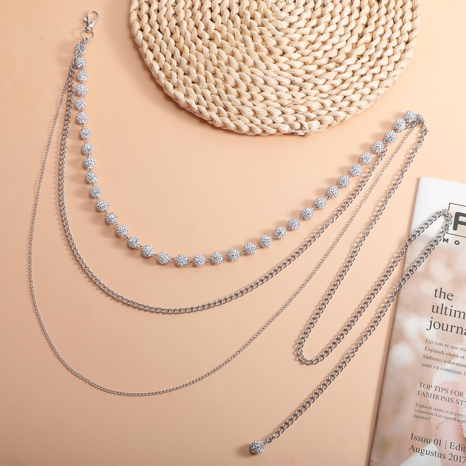 Quelay Silver Waist Chain Belt for Women, Sexy Body Belly Chain Jewelry with Ceramic Beads, Adjustable Link Metal Belt for Dresses, Bikini, Beach & Concerts