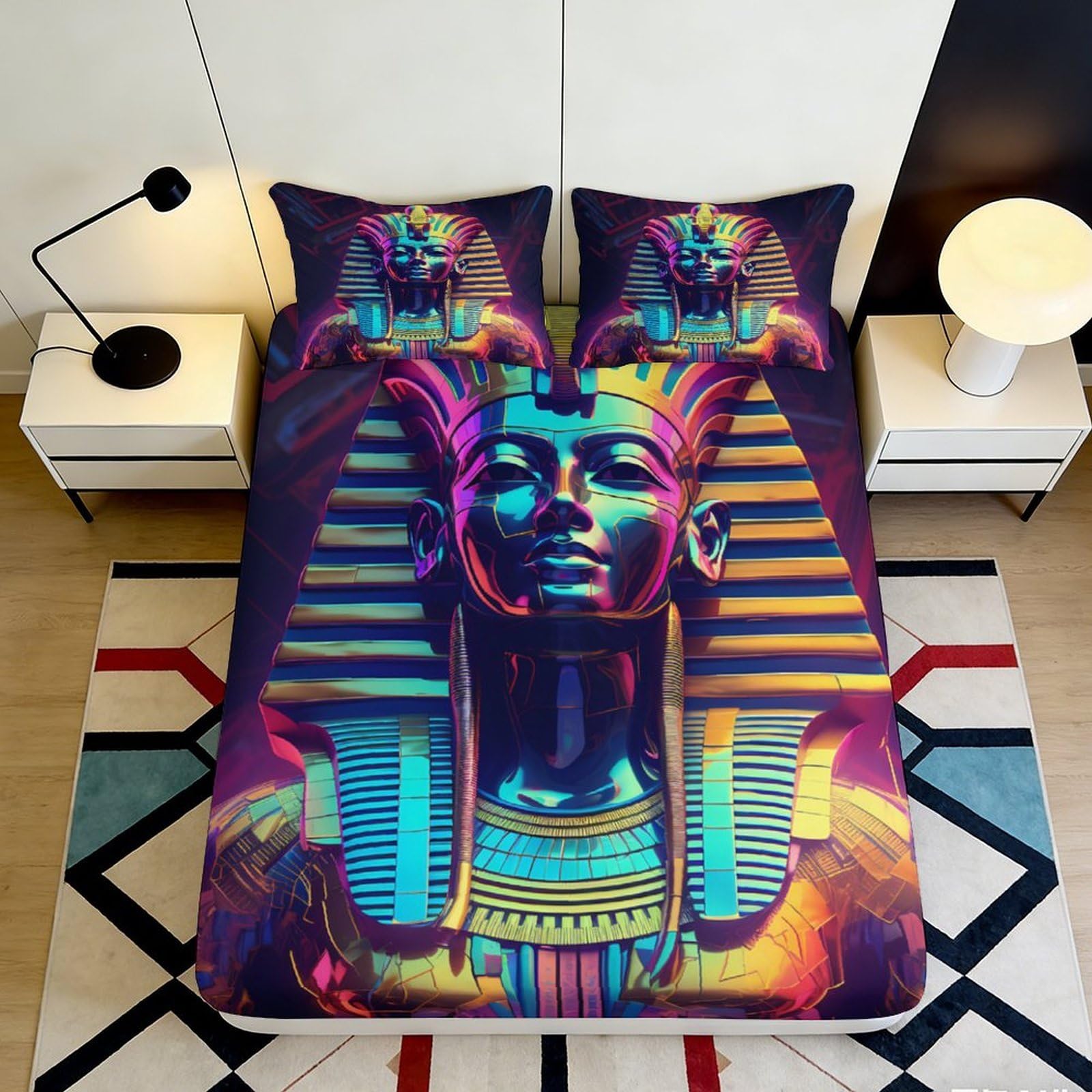 3D Printed Neon Pharaoh Fitted Sheet Microfiber Soft Durable Egyptian Pyramid Bed Cover for Bedroom Dormitory Guest Room Mattress Protection 140x200x25cm