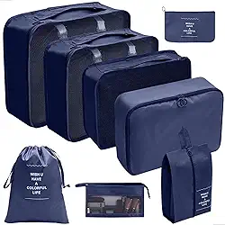 Kit Organizador de Mala 8 Peças Packing Cubes com Compressão Porta Sapatos Necessaire Transparente Roupas Sujas para Viagem (Azul)