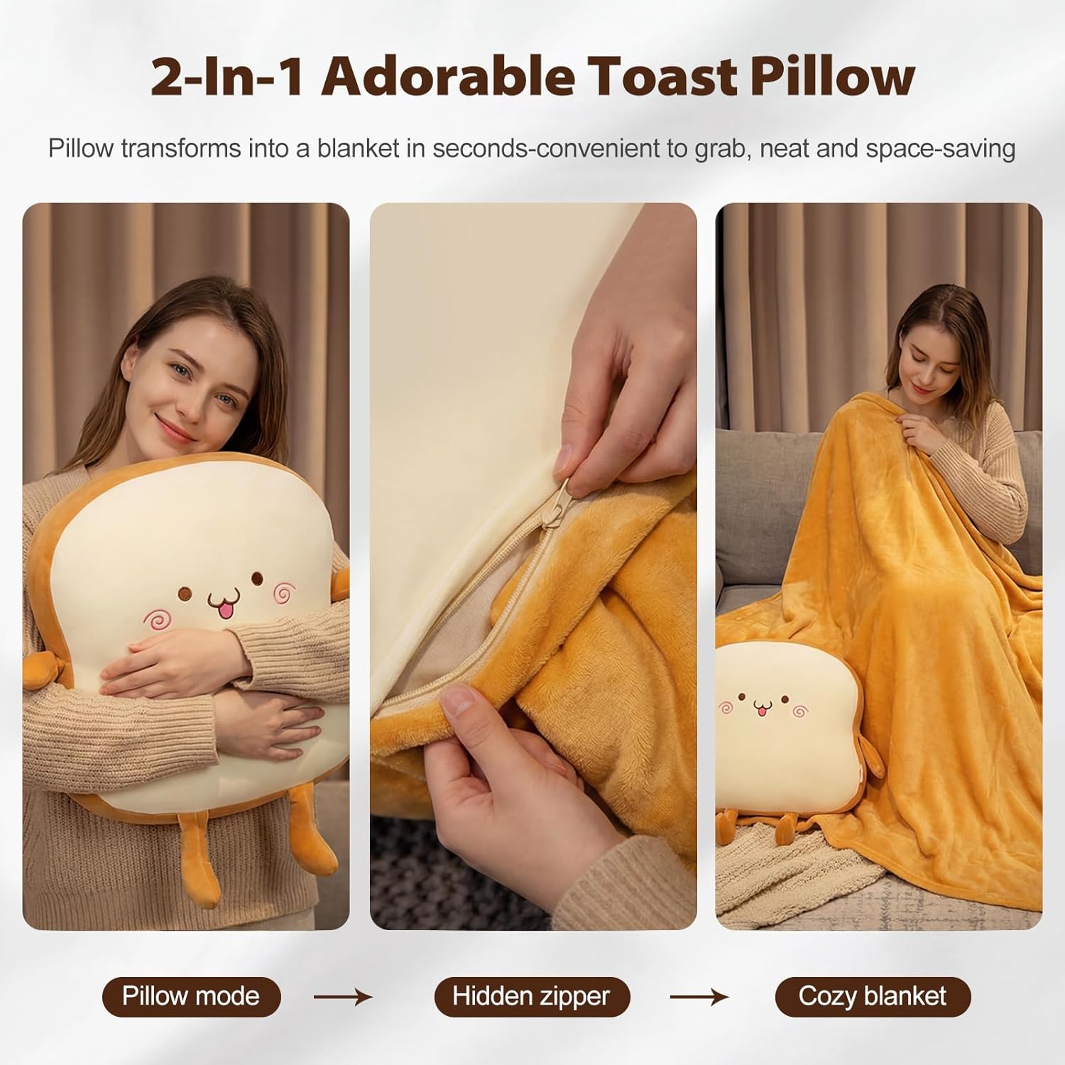 Ergocar Toast Pillow Blanket 3-in-1 Multifunctional Pillow Soft Comfortable Machine Washable Retains Shape Suitable for Recliners, Beds, Cars, Sofas