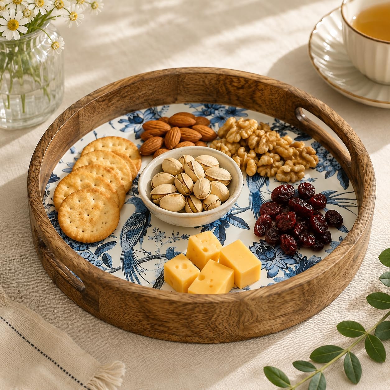 Saaga Geranium Mango Wood Pizza Serving Tray - 12 x 2 Inch Round Wooden Snack & Pizza Plate | Stylish Tray for Kitchen, Home, Cafes & Restaurants