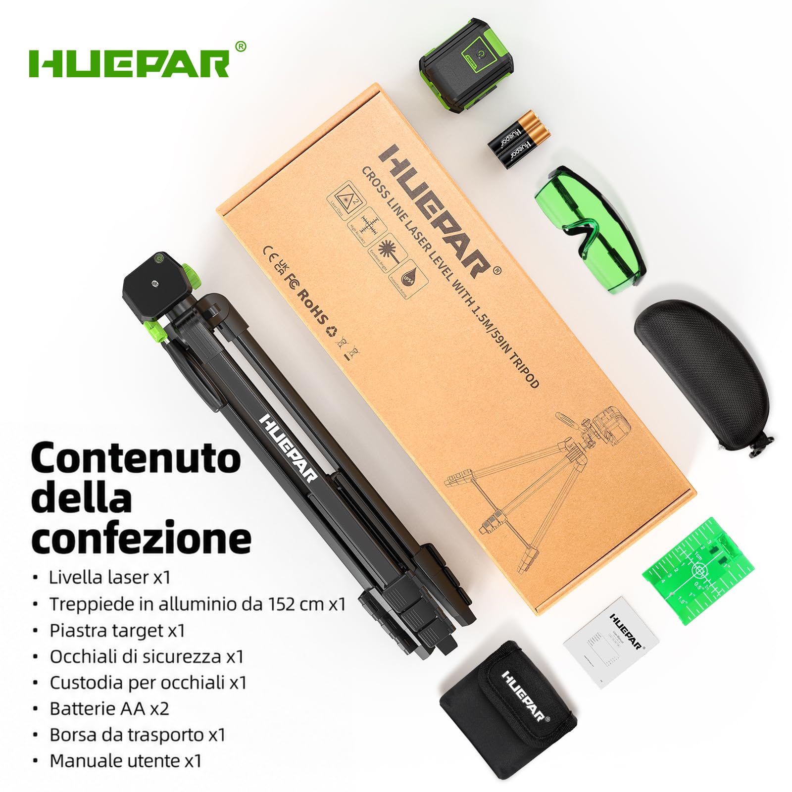 Huepar GK011DG Nivel Láser Autonivelante Verde con Trípode 1,52m, Línea Cruzada Horizontal/Vertical 110°, Alcance 30 m, con Bolsa, Gafas, Placa objetivo y 2 Pilas AA para Bricolaje, Casa, Carpintería